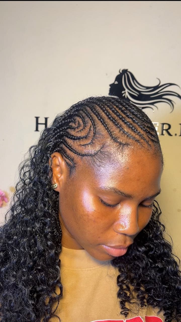 Stitch cornrow braids with curly ends at Hairxpresser.NG