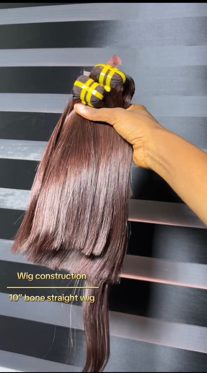 Wig construction in progress — 10 inch bone straight unit with pins